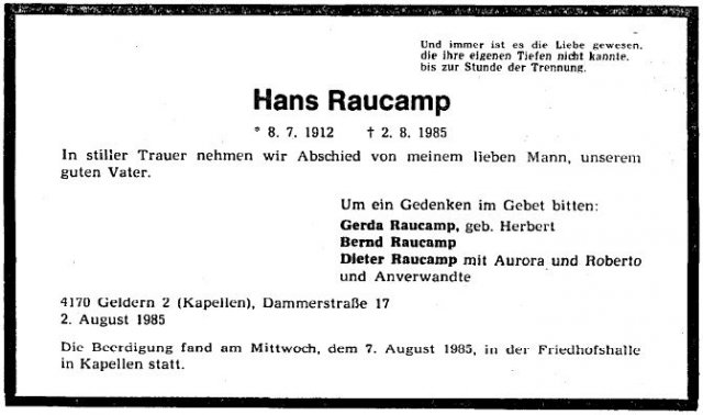 Raucamp Hans 1912-1985 Todesanzeige